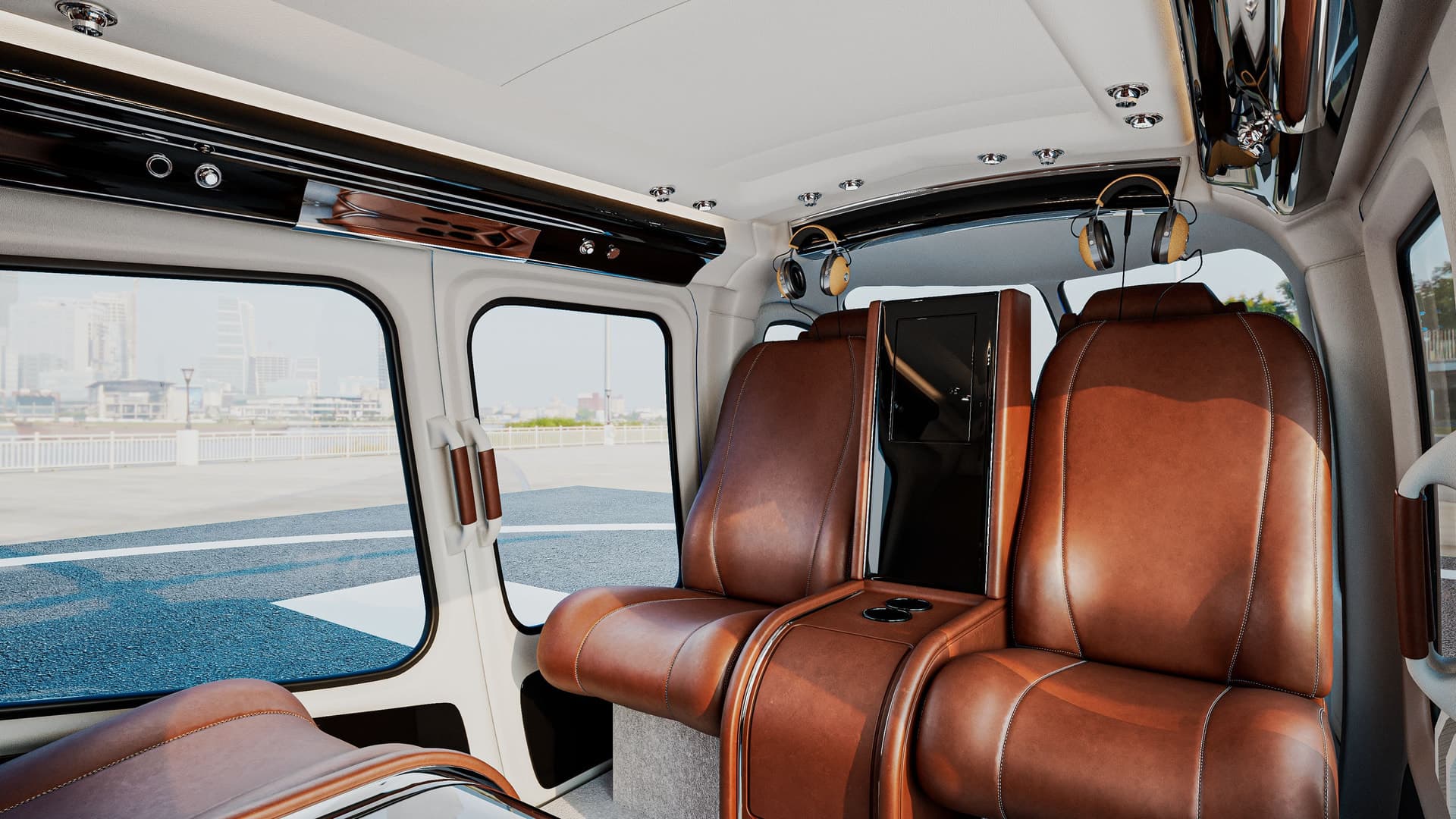 Leather passenger seating inside a helicopter cabin
