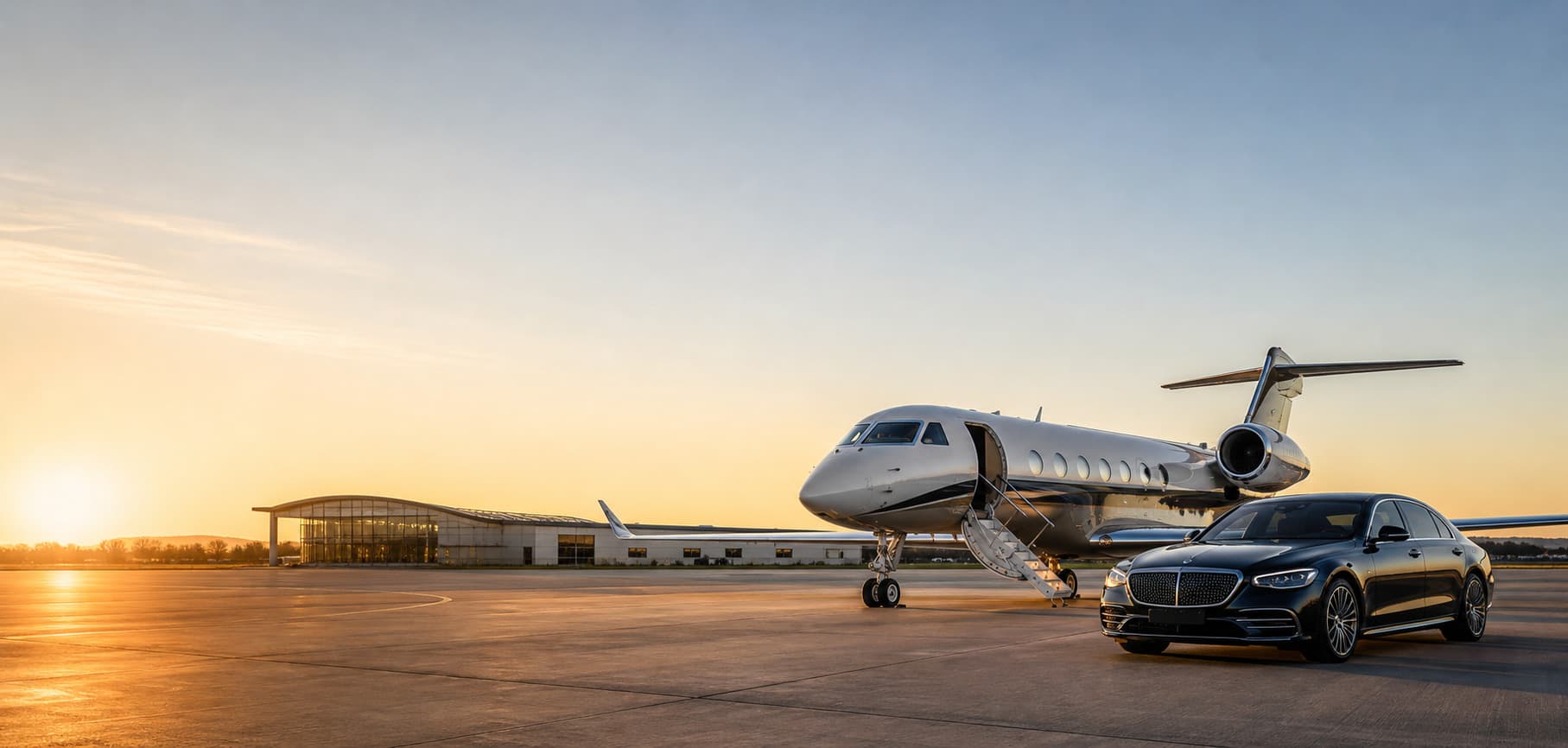 Private jet and executive chauffeur car on a quiet apron
